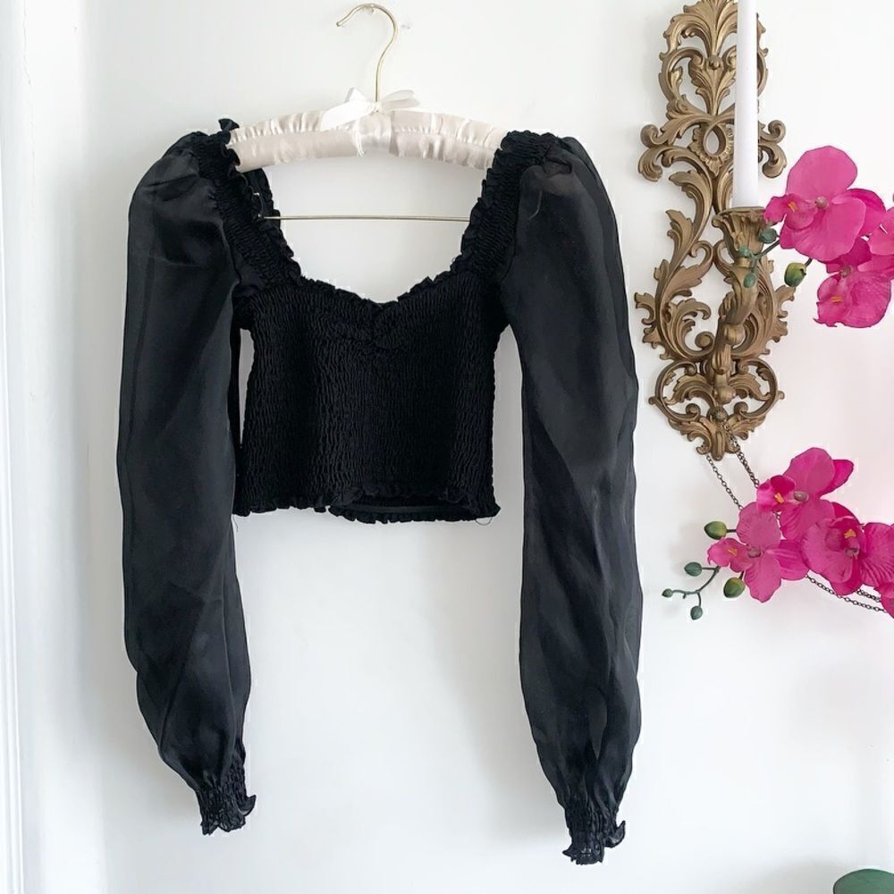 FOREVER 21 PUFF SLEEVE BLOUSE SMOCK BLACK - Picture 3 of 11